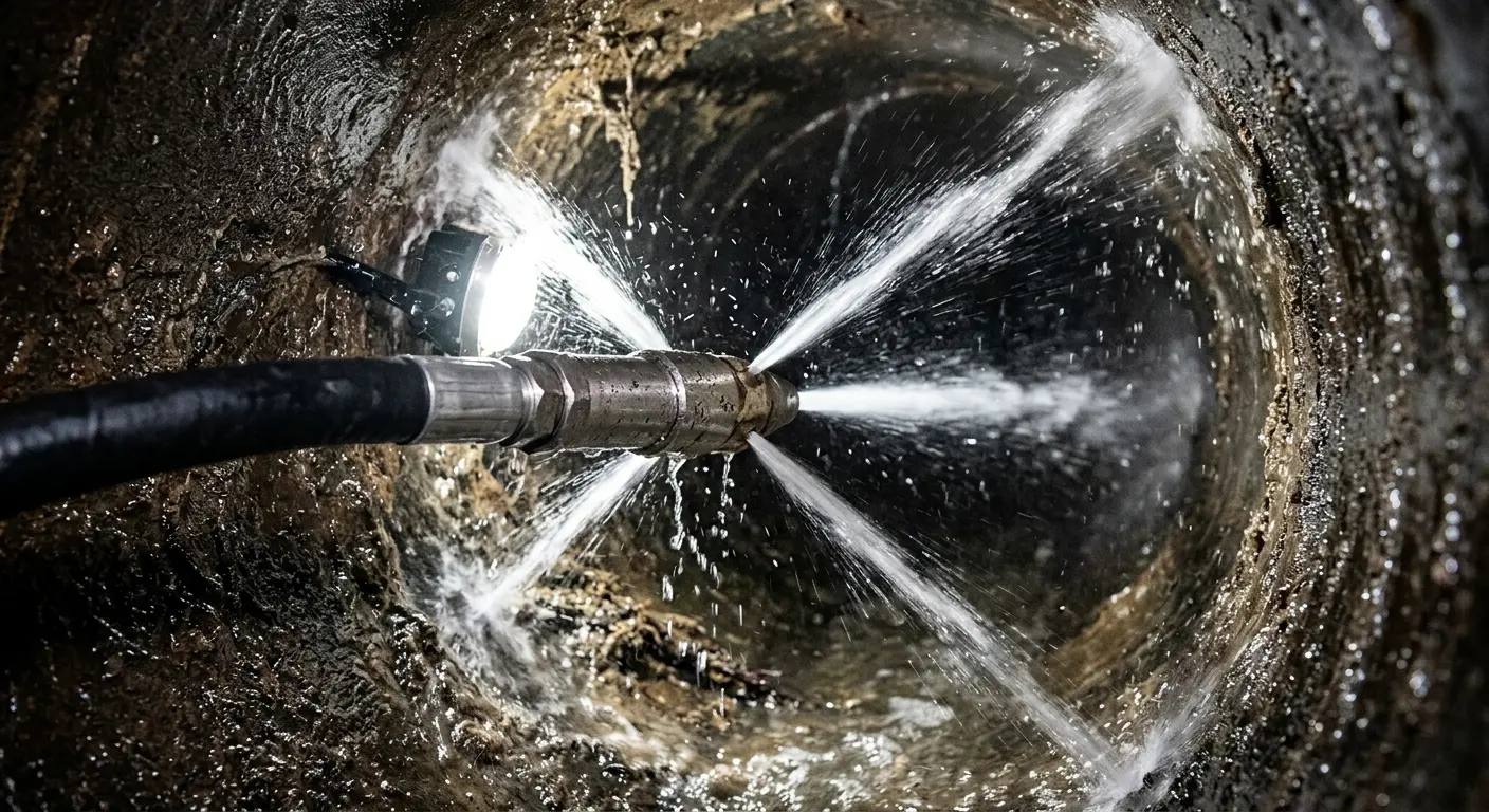 High-pressure hydro jetting nozzle cleaning sewer pipe for Sewer Cleanout in Rockdale