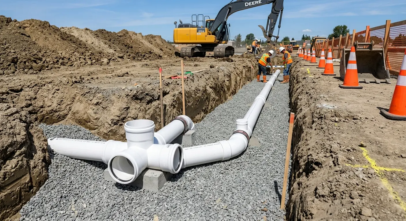 New PVC sewer pipe installation in open trench for Sewer Backup in Rockdale