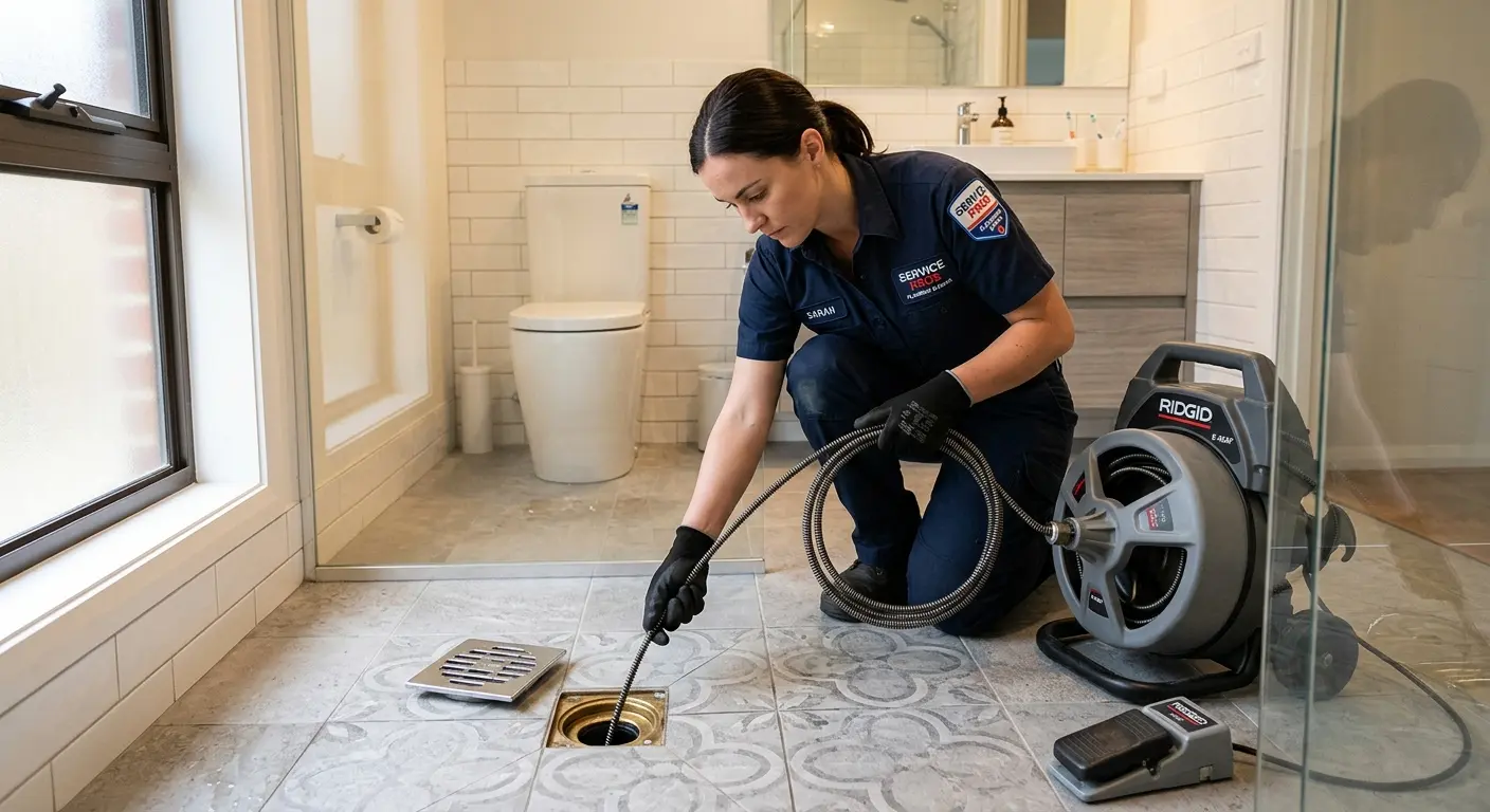 Technician clearing a bathroom floor drain for Drain Repair in Rockdale